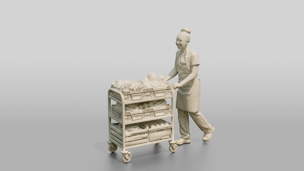 Kitchen Assistant Wheeling a Produce Cart - wireframe topology preview
