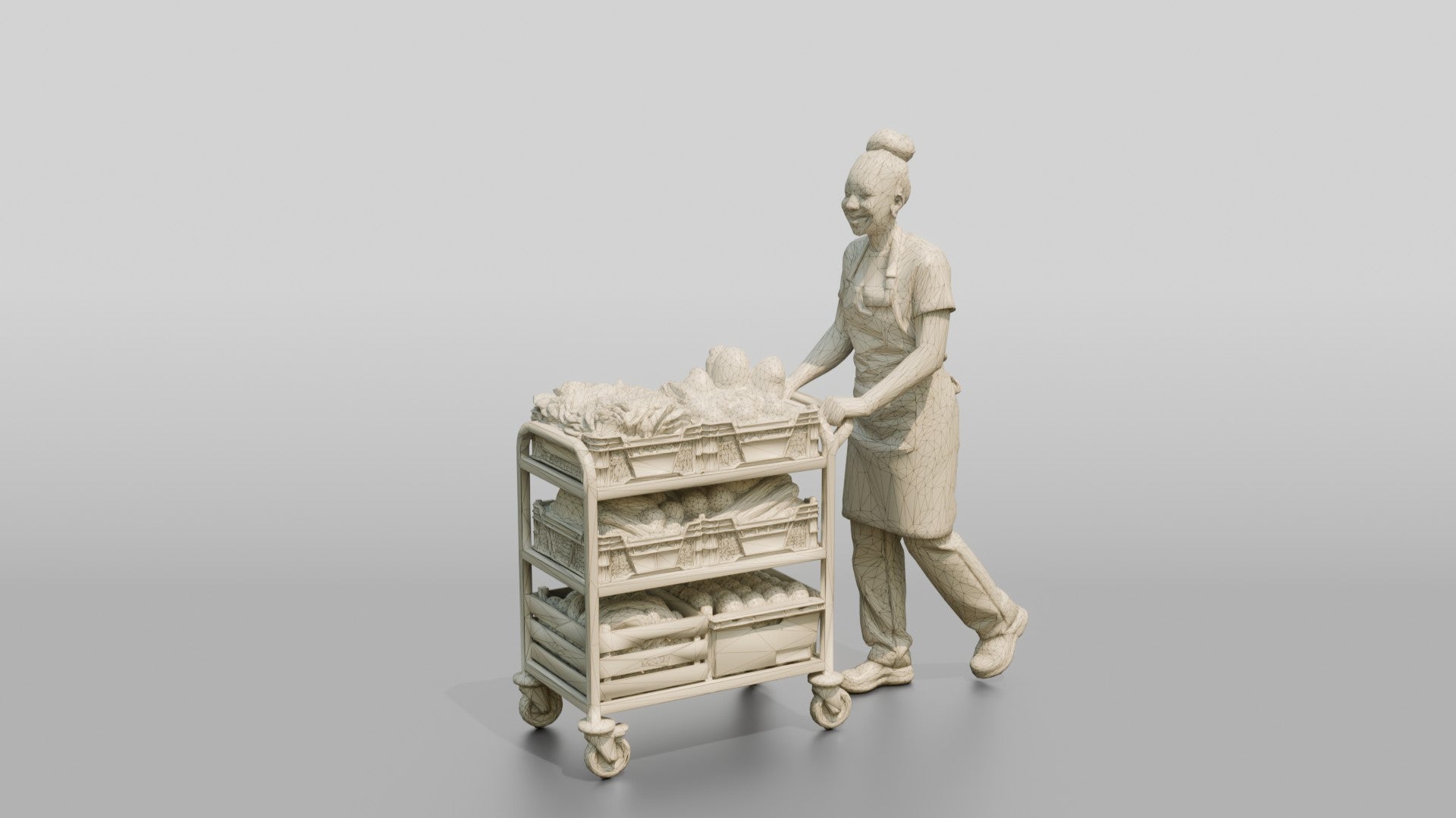 Kitchen Assistant Wheeling a Produce Cart