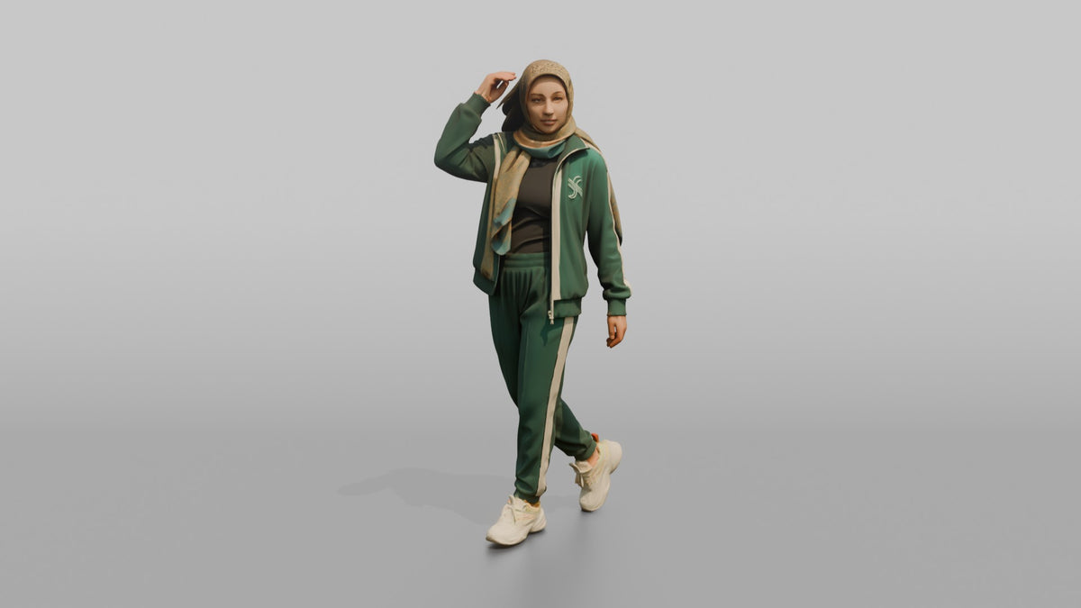 Hijab Woman in Green Tracksuit Walking - 3D character model, view 4