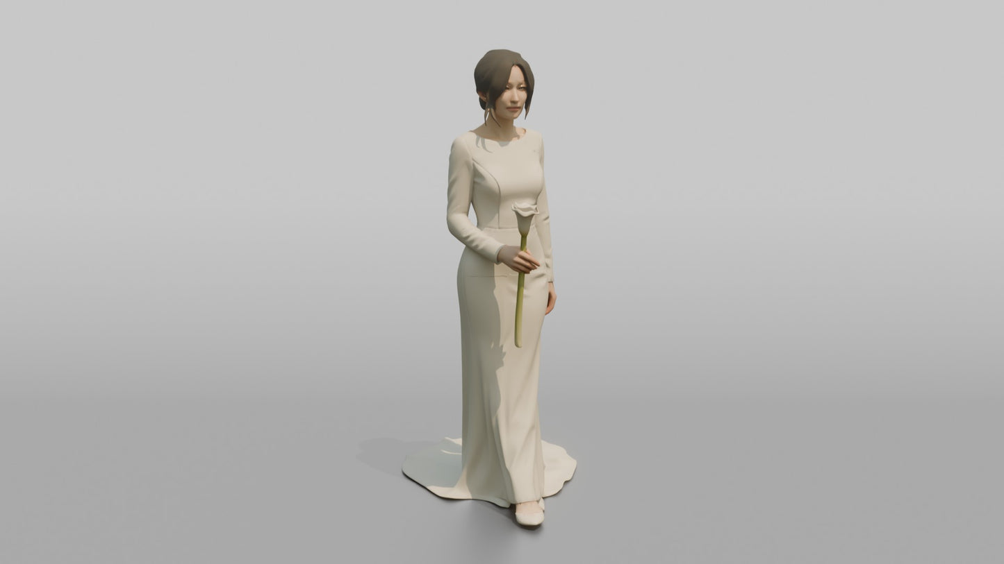 East Asian Bride Holding a Single Calla Lily
