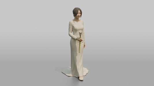 East Asian Bride Holding a Single Calla Lily - 3D character model, view 1