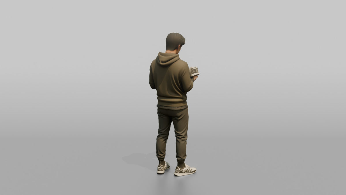 Man Customer Holding Up A Pair Of Sneakers To Inspect Them - 3D character model, view 3
