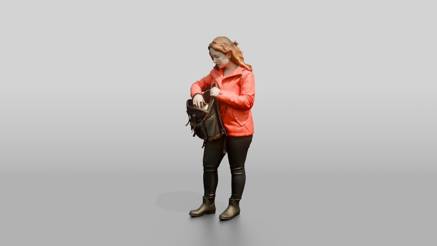 White Woman in Red Jacket Looking for Keys