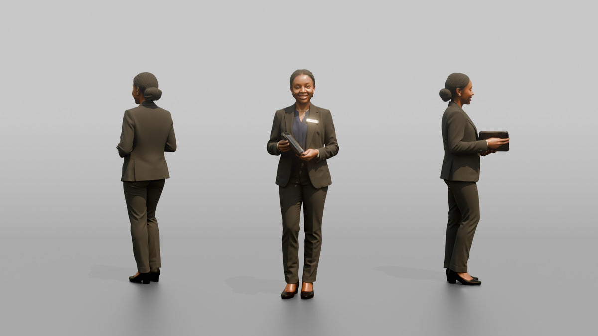 Host Woman Holding A Tablet POS Device - 3D character model, view 1