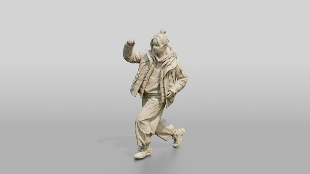 Techwear Woman in Puffer Jacket Mid-Stride
