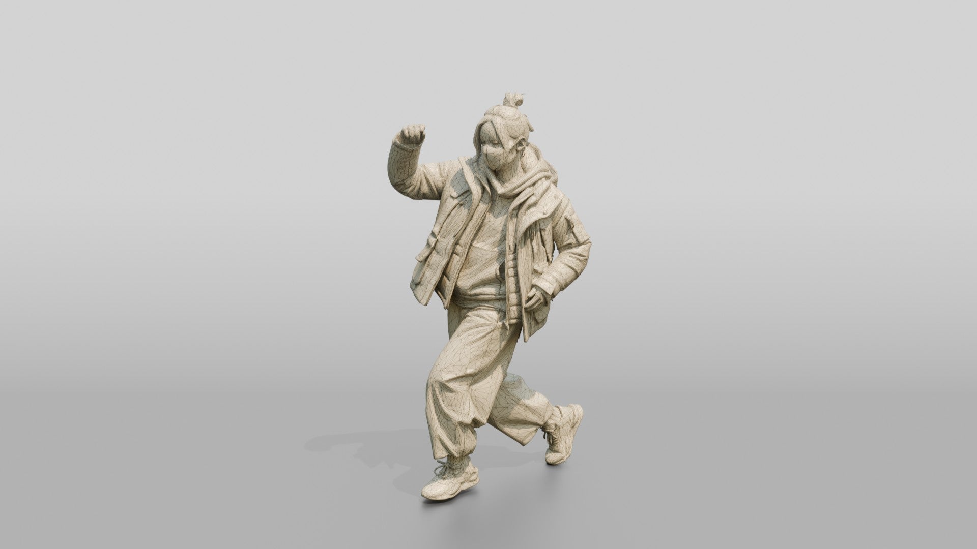 Techwear Woman in Puffer Jacket Mid-Stride