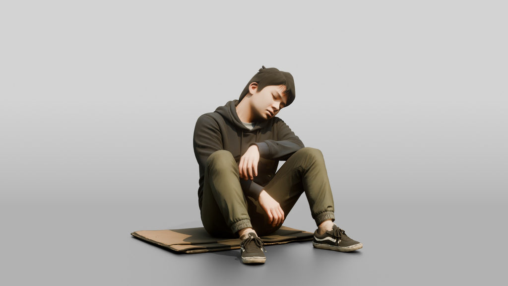 Homeless Man Sleeping with His Back Against a Wall Structure