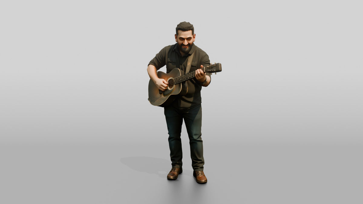 Homeless Man Playing an Old Acoustic Guitar - 3D character model, view 5