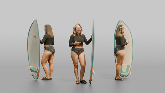 Surfer Standing and Chatting by Her Board