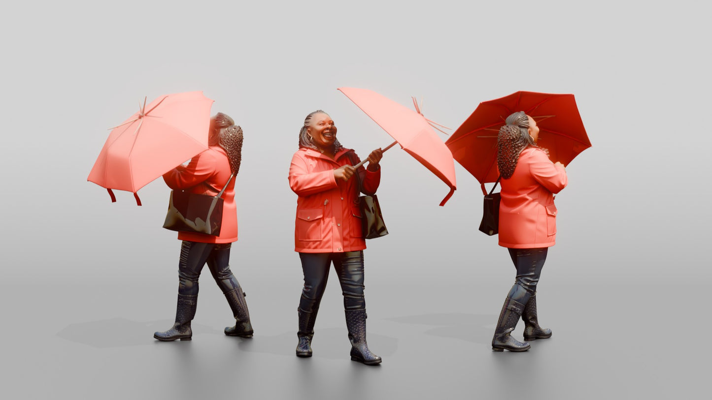 Black Woman in Red Raincoat Opening Umbrella