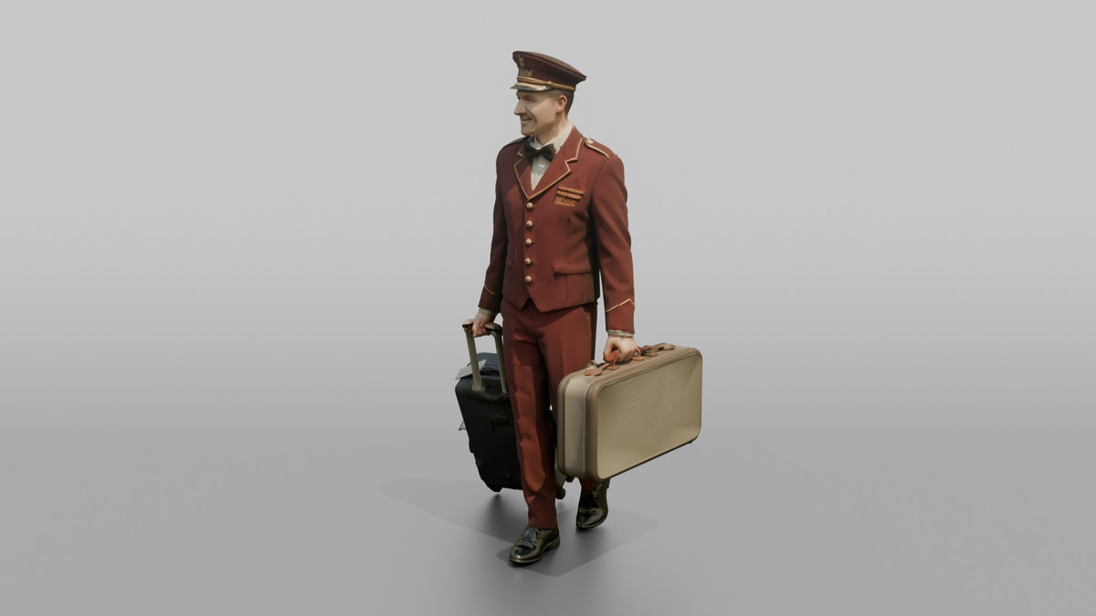Bellhop Man Carrying Two Suitcases, One In Each Hand - 3D character model, view 4