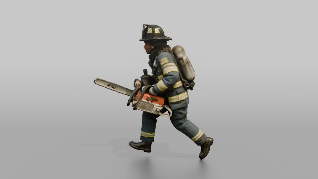 Firefighter Woman Sprinting Carrying a Heavy Rescue Chainsaw