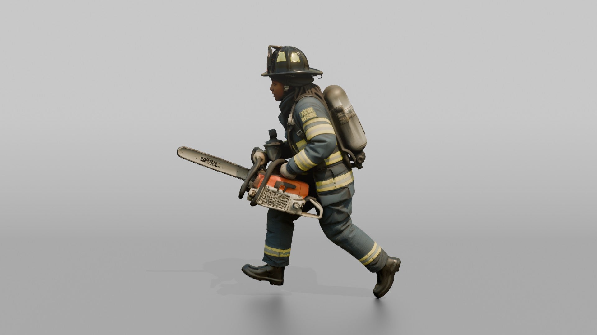 Firefighter Woman Sprinting Carrying a Heavy Rescue Chainsaw