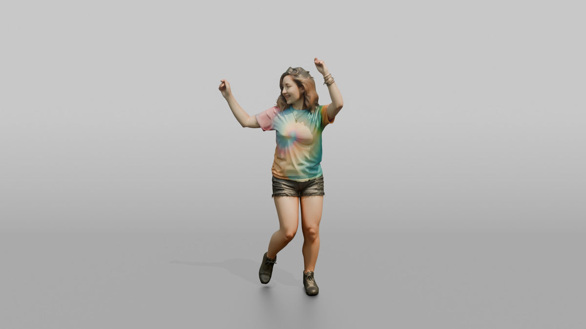 Patron Woman Wearing A Vibrant Tie-dye Shirt, Arms Raised Dancing - 3D character model, view 5