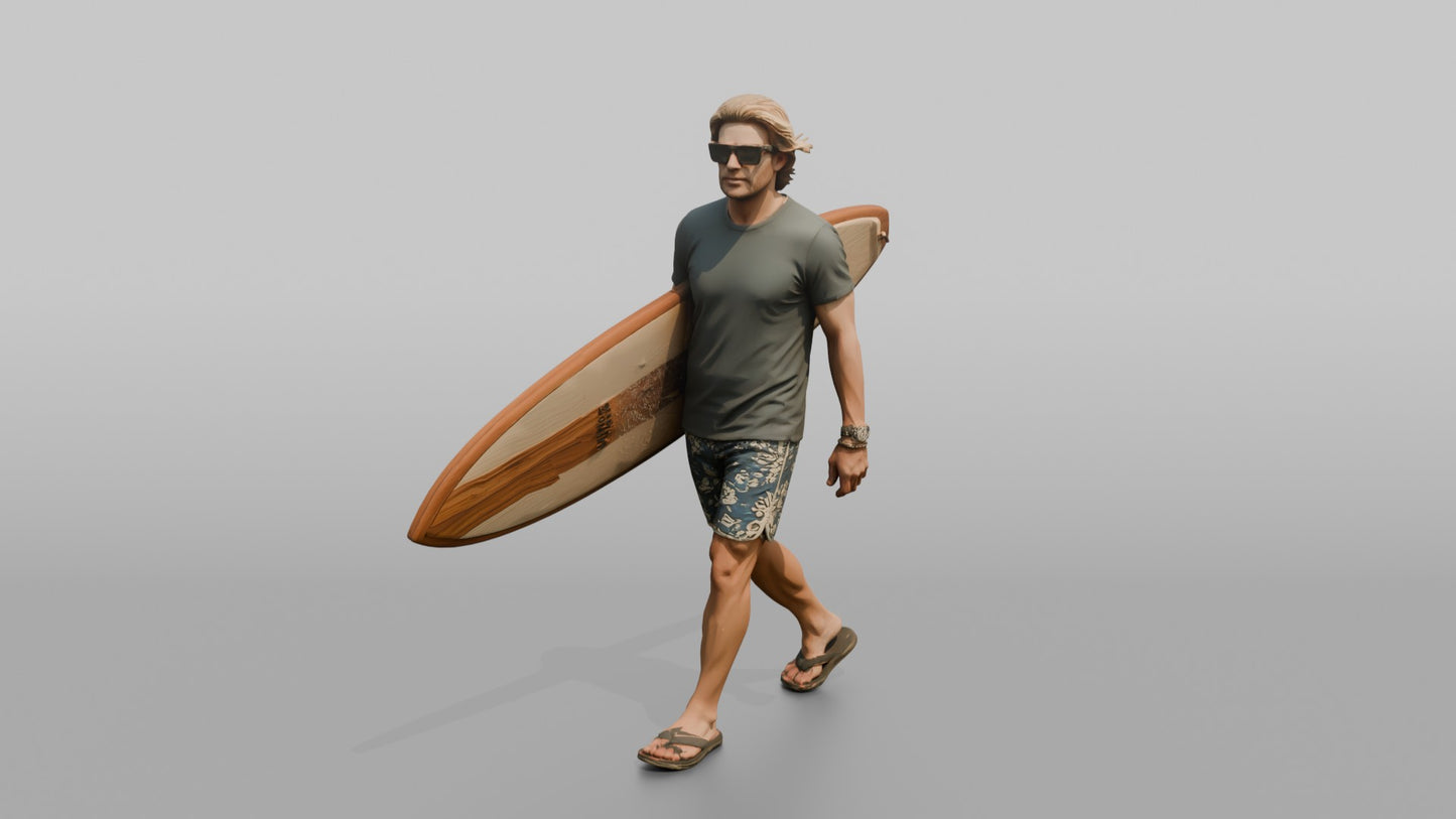 Distinguished Surfer Carrying a Wooden Surfboard