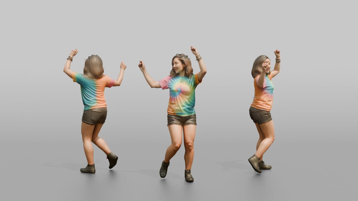 Patron Woman Wearing A Vibrant Tie-dye Shirt, Arms Raised Dancing - 3D character model, view 1