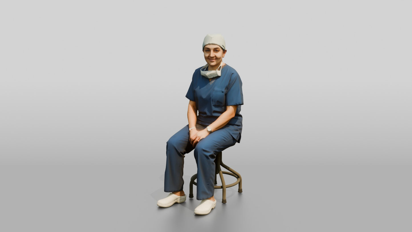 Middle-Aged South Asian Woman Doctor Sitting on Stool