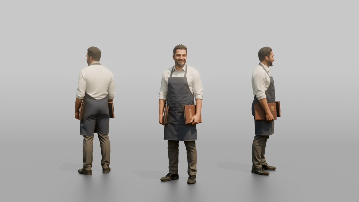 Host Man Holding Two Menus, One In Each Hand - 3D character model, view 1