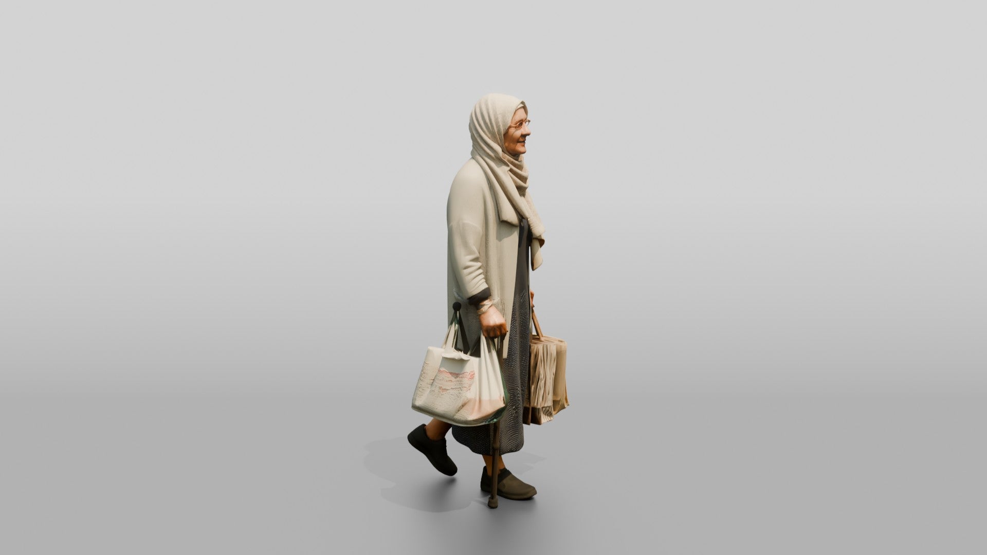 Elderly Slender Syrian Woman in Hijab Carrying Shopping Bags