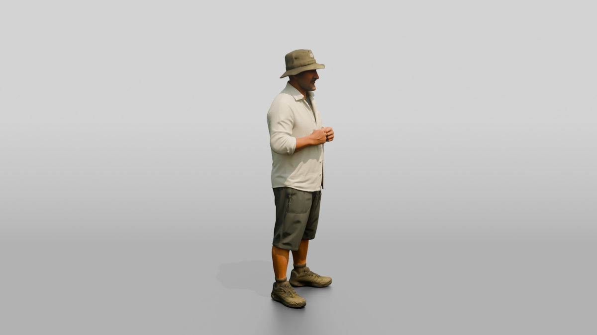 Man Fixing Button on Linen Shirt - 3D character model, view 2