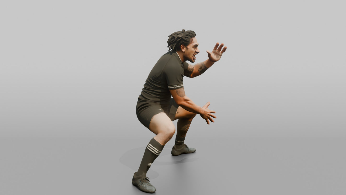Polynesian Player in a Low Crouch Haka Movement