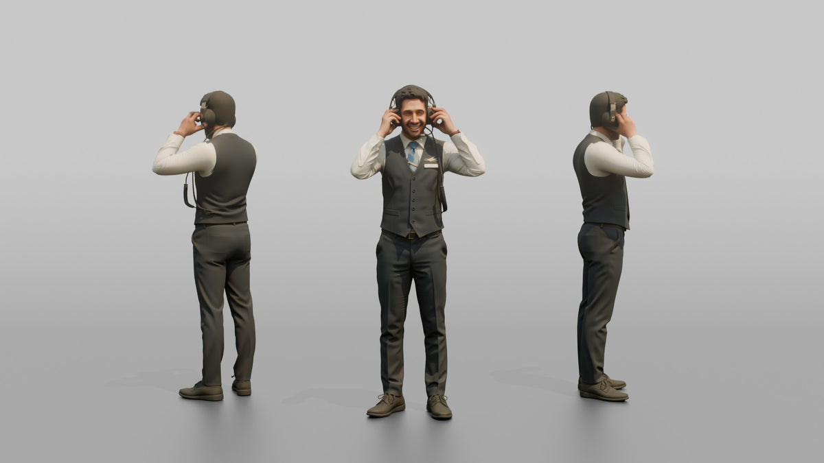 East Asian Flight Attendant Handing Out Headphones - 3D character model