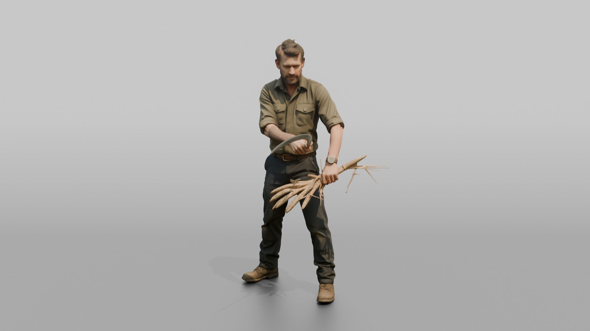 Farmer Slicing Wheat Stalks Hand Sickle