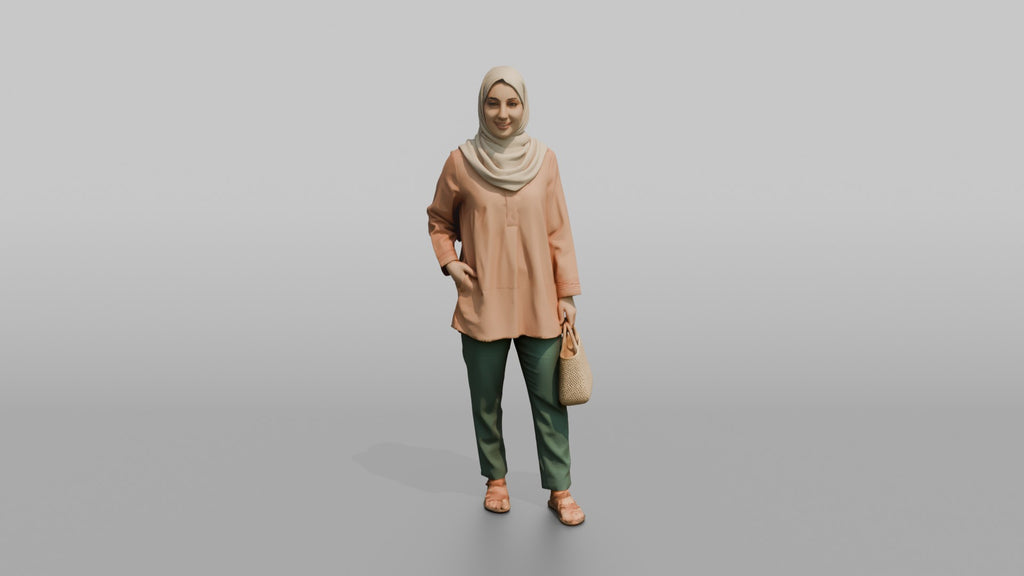 Hijab Woman with Wicker Bag in Peach Tunic