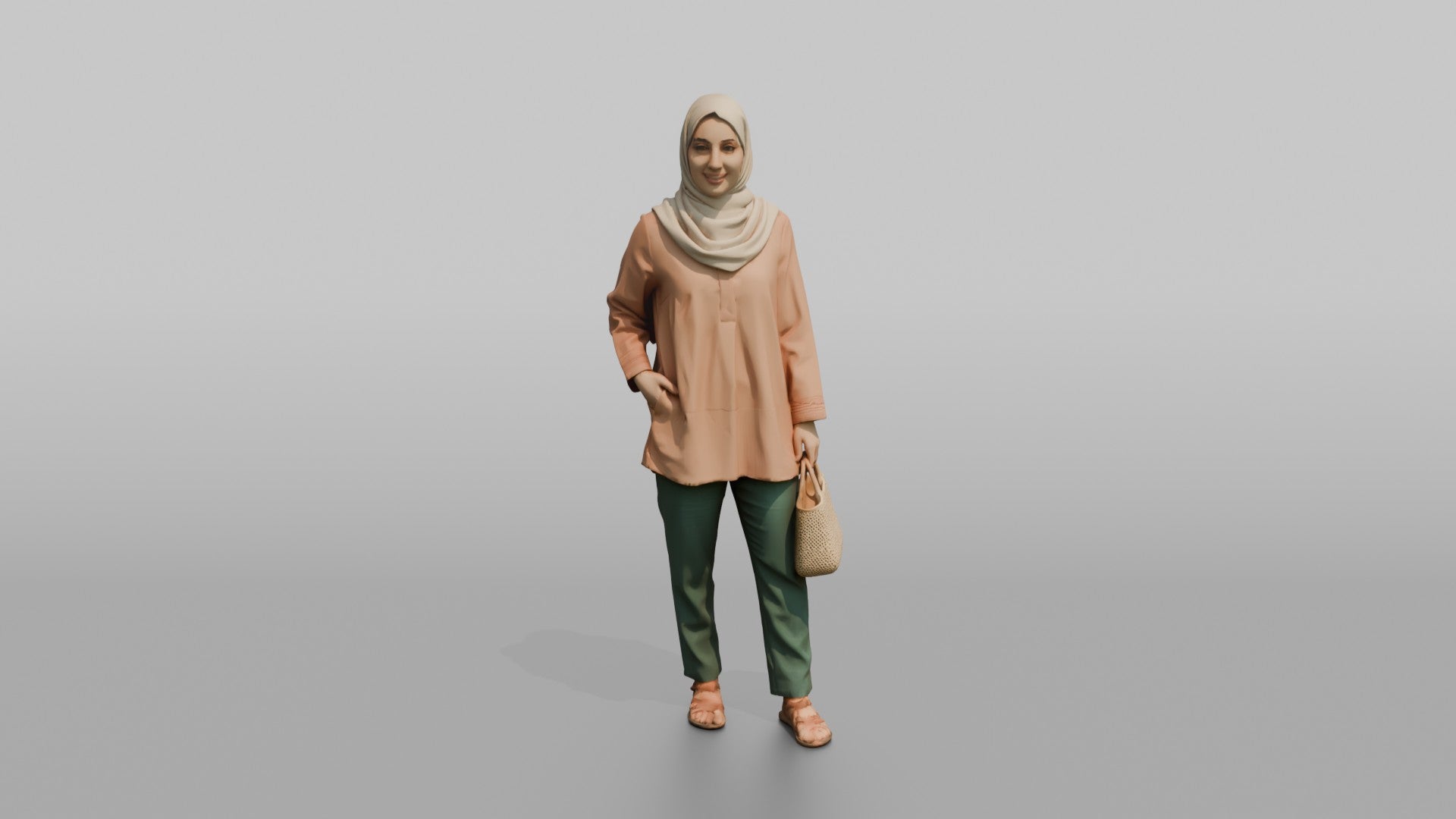 Hijab Woman with Wicker Bag in Peach Tunic