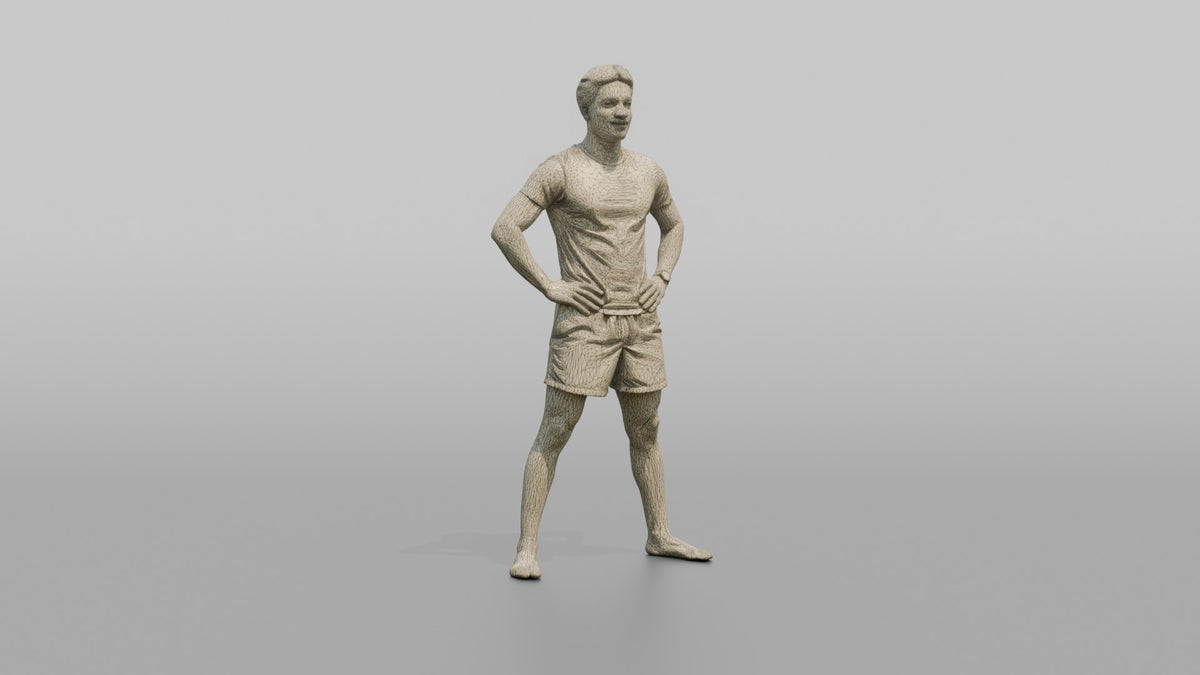 Physique Model Man Standing In A Confident Wide Stance, Hands On Hips - wireframe topology preview