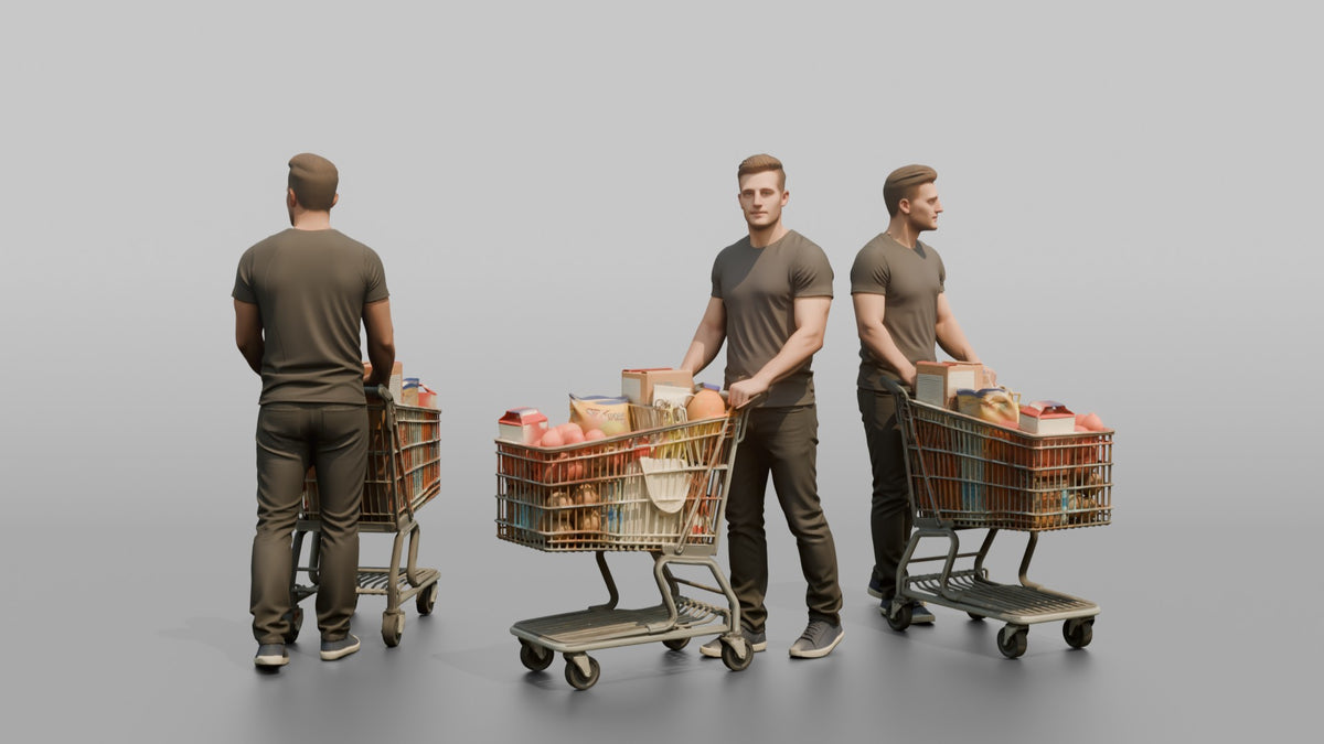 Man Customer Standing With A Shopping Cart Full Of Items - 3D character model, view 1