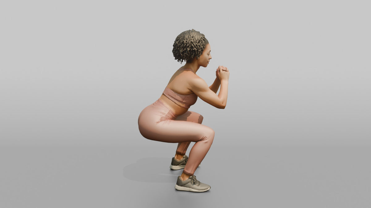 Fitness Influencer Woman Doing A Bodyweight Squat With Hands Clasped - 3D character model, view 2