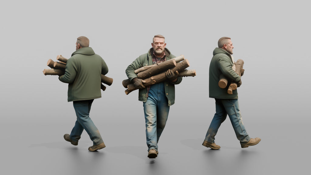 Farmer Carrying Armful Of Thick Hardwood Logs