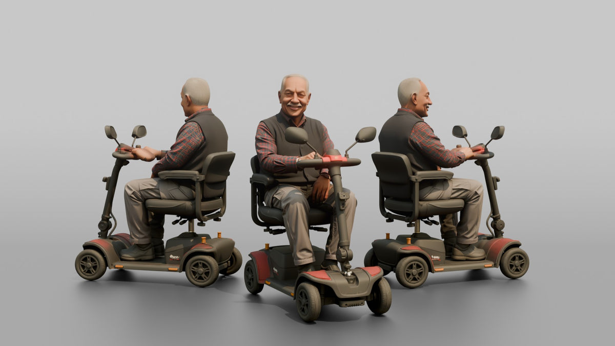 Man Customer Sitting In A Mobility Scooter - 3D character model, view 1