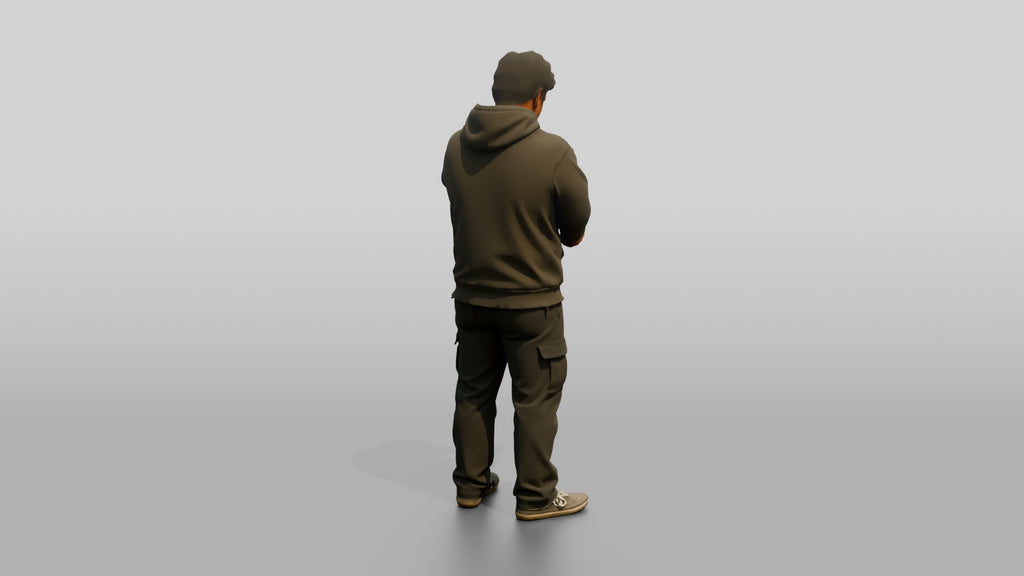 Homeless Man Adjusting His Worn Hoodie