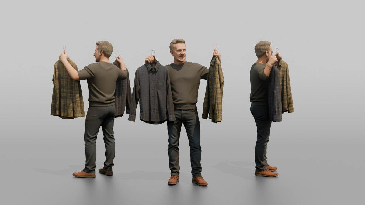 Man Customer Holding Two Shirts Up For Comparison - 3D character model, view 1