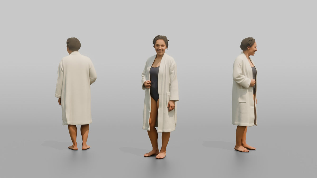 Spa Client Man Standing Barefoot, Robe Open Over Swimwear - 3D character model, view 1