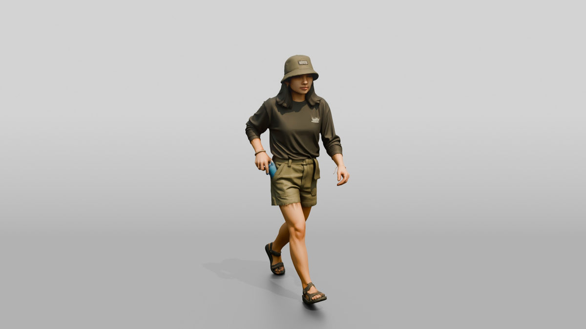 Woman Slipping Water Bottle Into Pocket - 3D character model, view 1