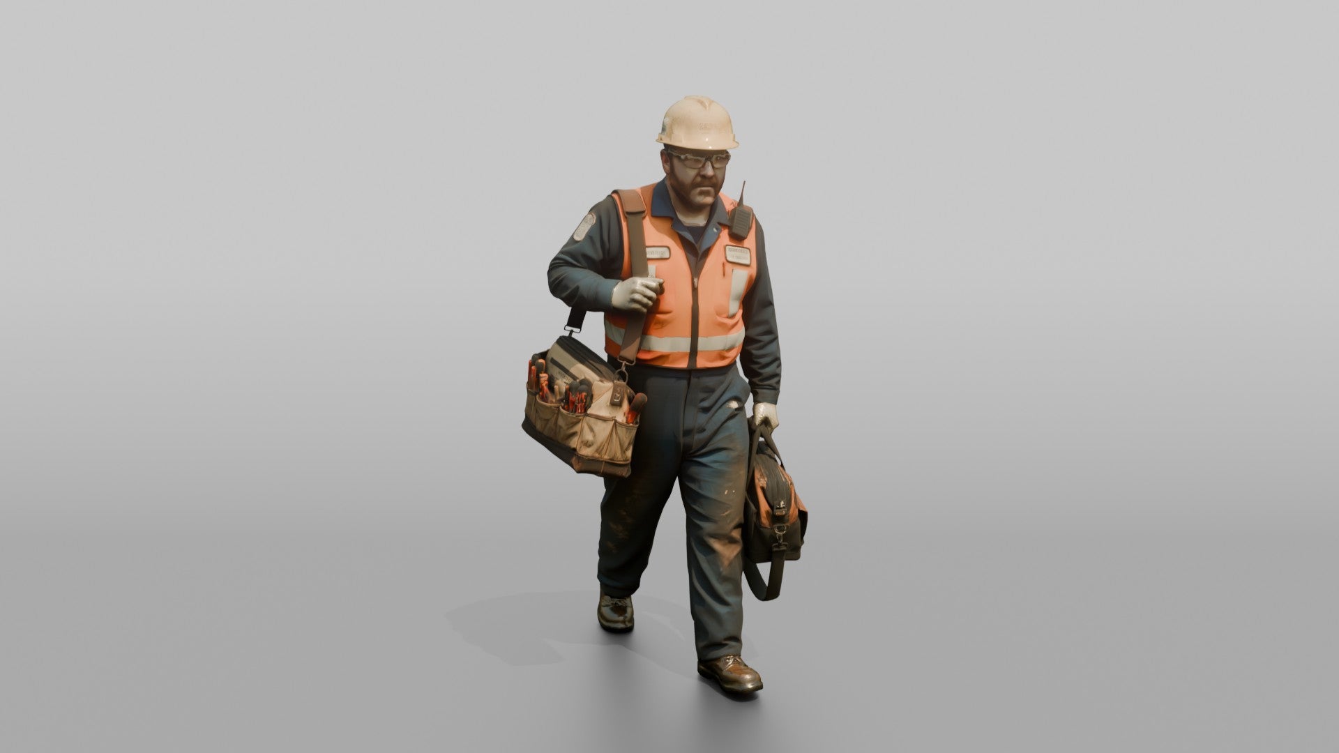 Engineer Carrying a Tool Bag Through the Engine Room