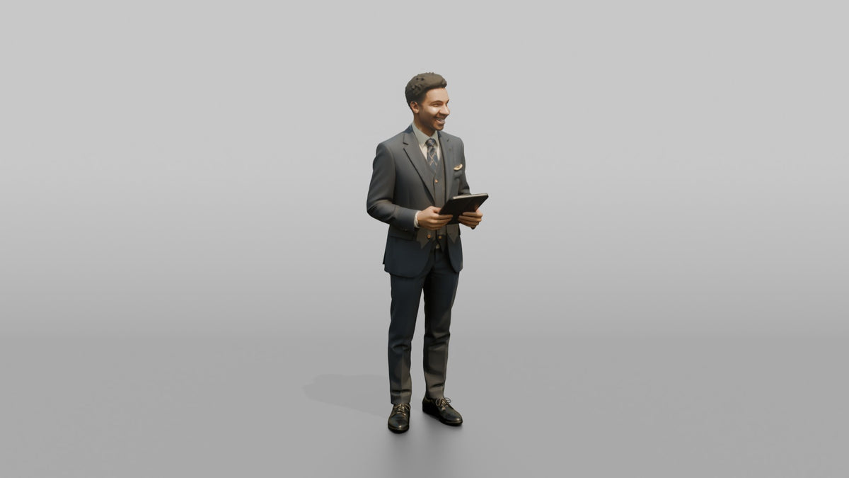 East Asian Airline Captain Standing with Hands in Pockets - 3D character model, view 1