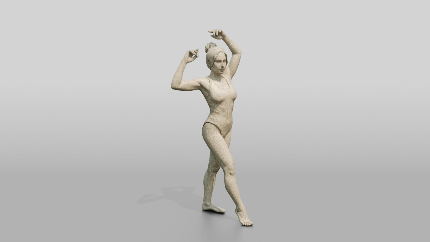 Woman in Grey Bodysuit Posing with Arms Raised