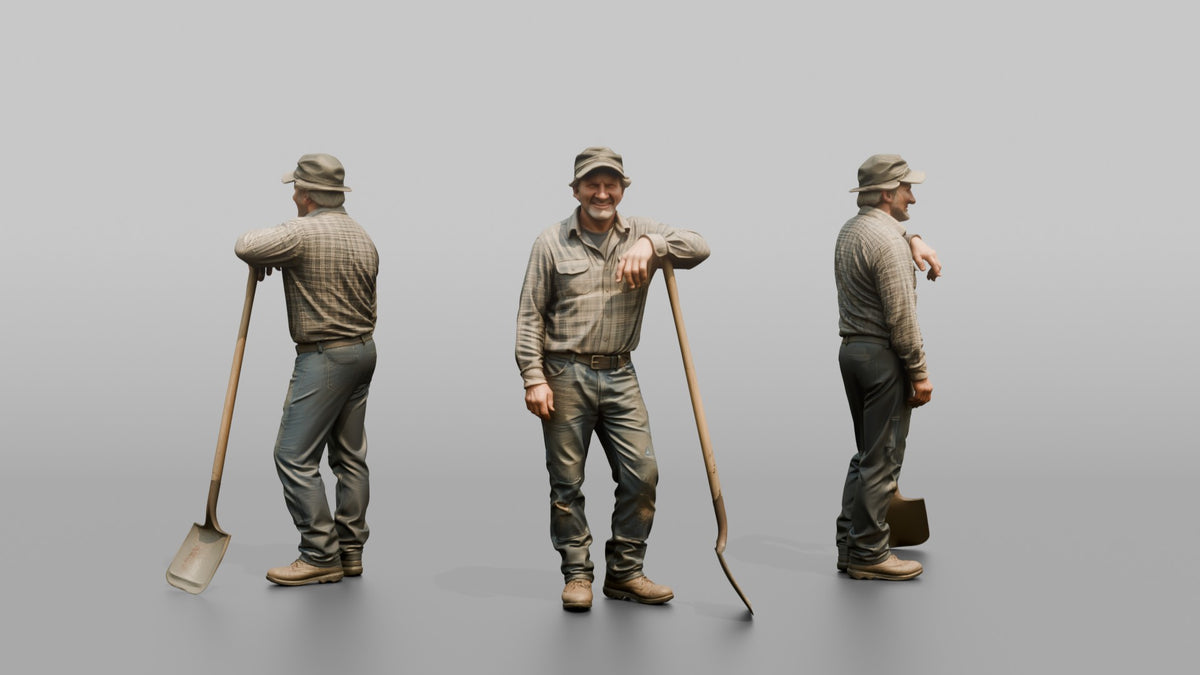 Farmer Leaning On Long Wooden Shovel - 3D character model