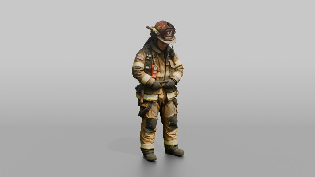 Firefighter Woman Fastening Her Heavy Turnout Jacket Buckles