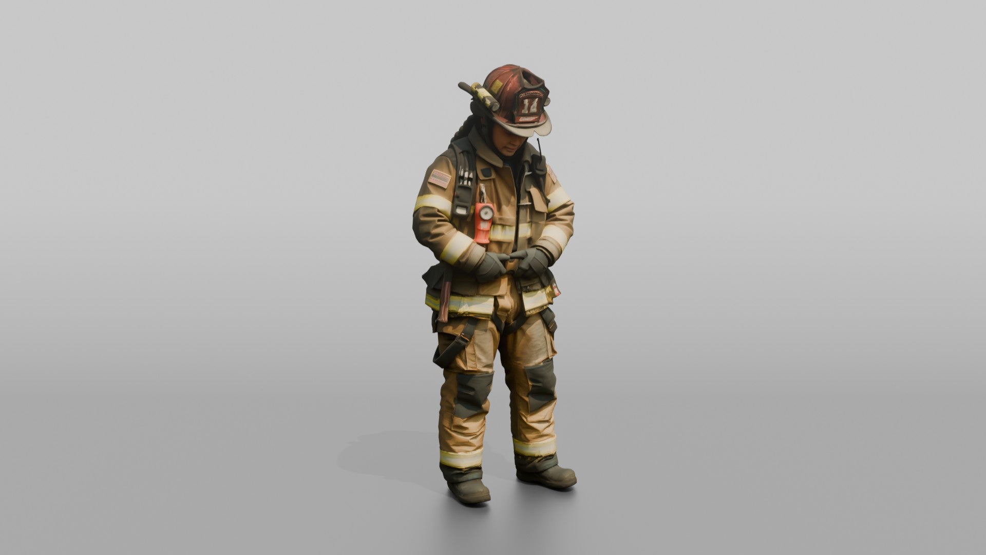 Firefighter Woman Fastening Her Heavy Turnout Jacket Buckles