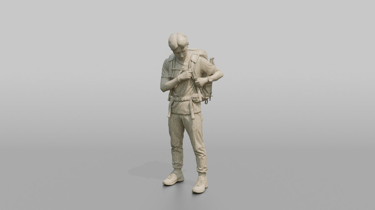 Hiker Adjusting His Backpack Strap - wireframe topology preview