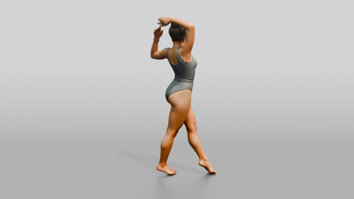 Woman in Grey One-Piece Swimsuit Posing Arms Raised