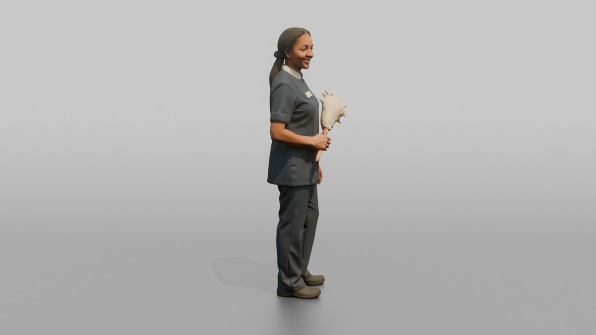 Housekeeping Staff Man Holding A Feather Duster - 3D character model, view 2