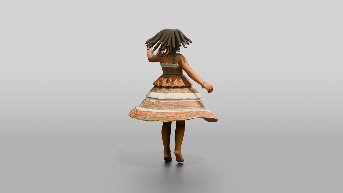 Joyful African Girl Spinning in a Tiered Dress - 3D character model, view 3