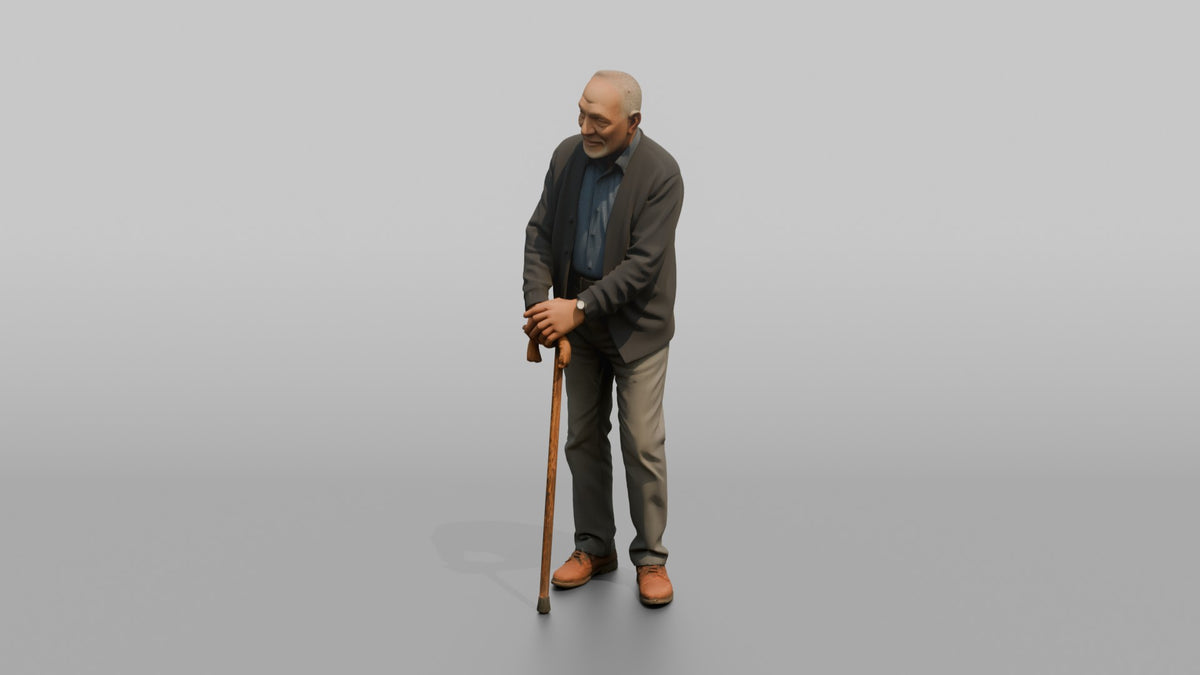 Grandfather Leaning On A Wooden Cane With Both Hands - 3D character model, view 4
