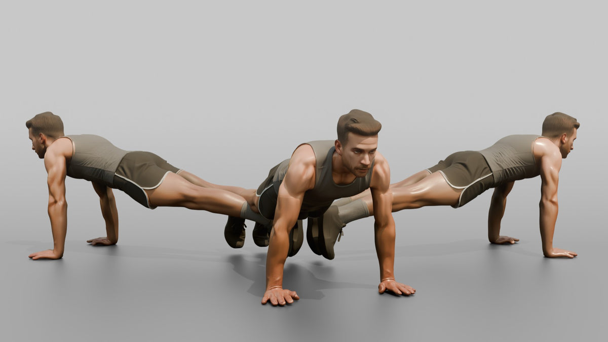 Fitness Influencer Man Mid Burpee, Hands On The Ground - 3D character model, view 1